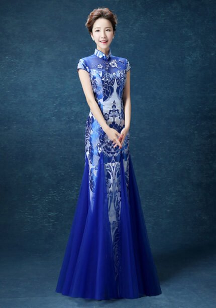 Blue Cheongsam Evening Gown Performance Dresses