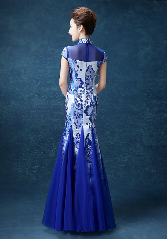 Blue Cheongsam Evening Gown Performance Dresses