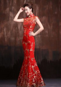 Red Fleece Long Sleeve Winter Wedding Bridal Cheongsam Qipao Dress