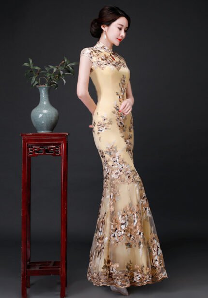 Golden Cheongsam Dresses Retro Slim Lace Fishtail