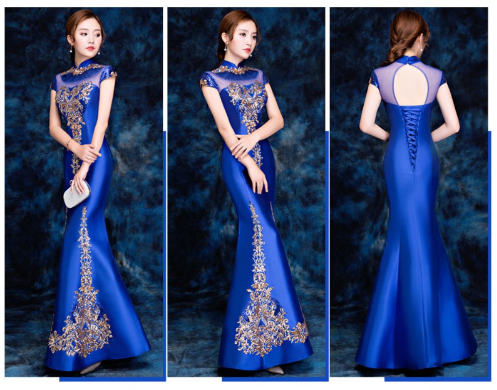 Blue Embroidered Sequins Cheongsam Banquet Evening Dress