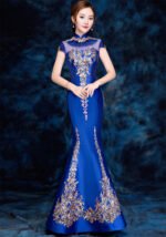 Blue Embroidered Sequins Cheongsam Banquet Evening Dress