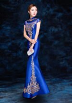 Blue Embroidered Sequins Cheongsam Banquet Evening Dress