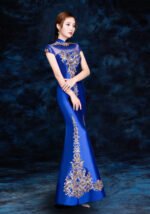 Blue Embroidered Sequins Cheongsam Banquet Evening Dress