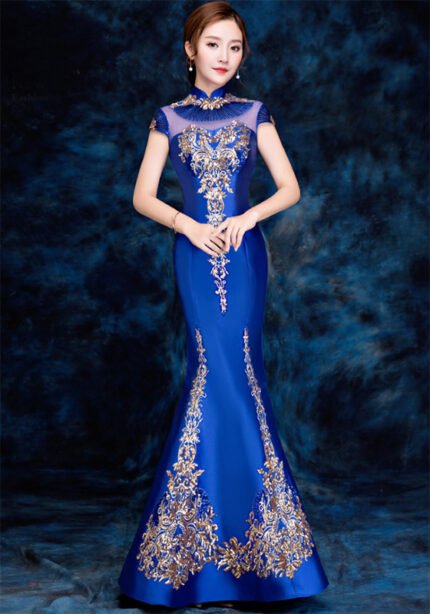 Blue Embroidered Sequins Cheongsam Banquet Evening Dress