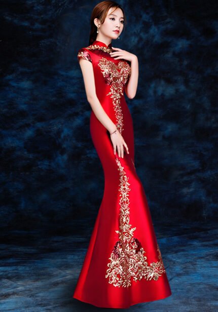 Red Embroidered Sequins Cheongsam Banquet Evening Dress