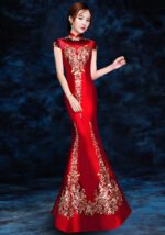 Red Embroidered Sequins Cheongsam Banquet Evening Dress