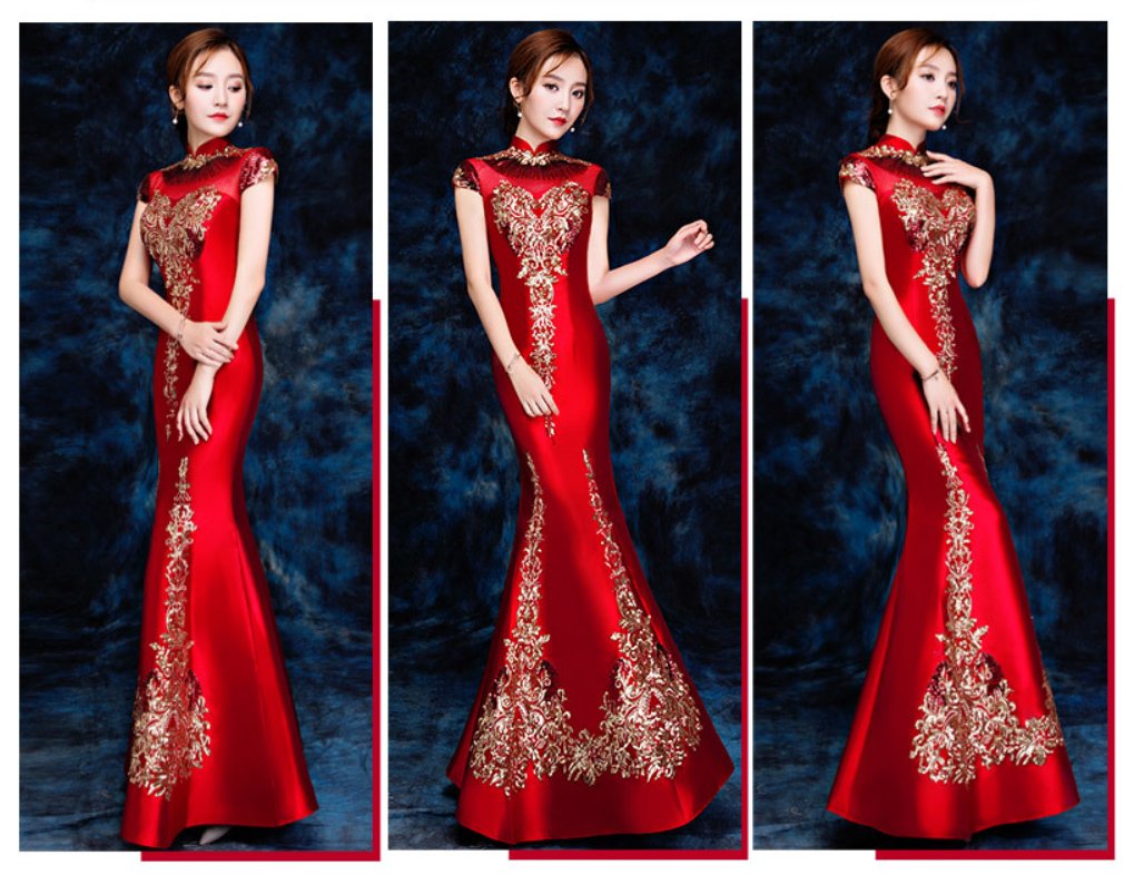 Embroidered Sequins Cheongsam Banquet Evening Red Dress