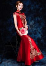 Red Embroidered Sequins Cheongsam Banquet Evening Dress