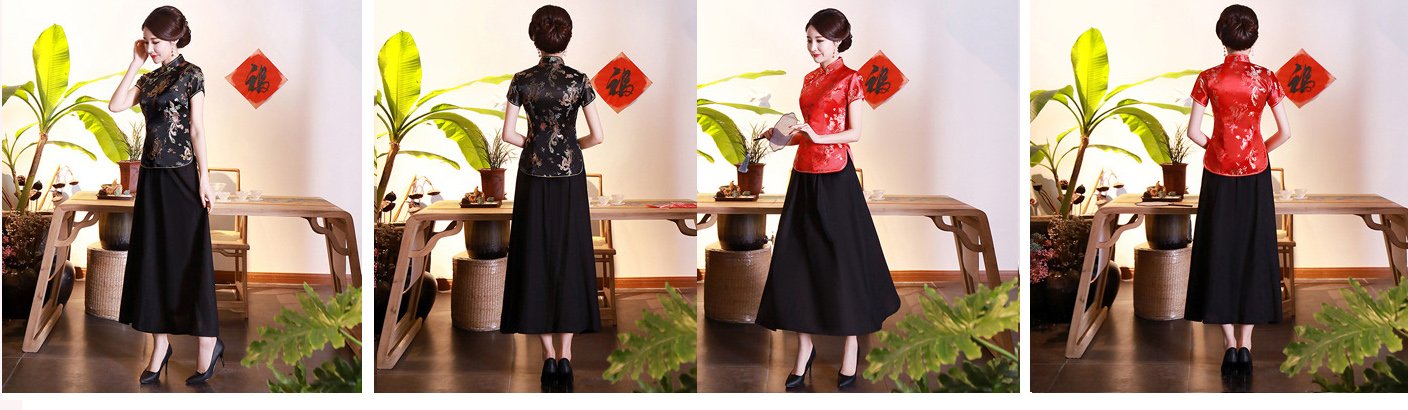 Cheongsam Tops & Black Skirts 2PCS Set Slim Retro