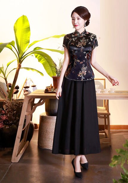 Cheongsam Tops & Black Skirts 2PCS Set Slim Retro