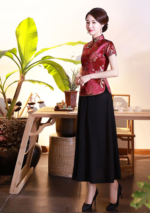 Cheongsam Tops & Black Skirts 2PCS Set Slim Retro