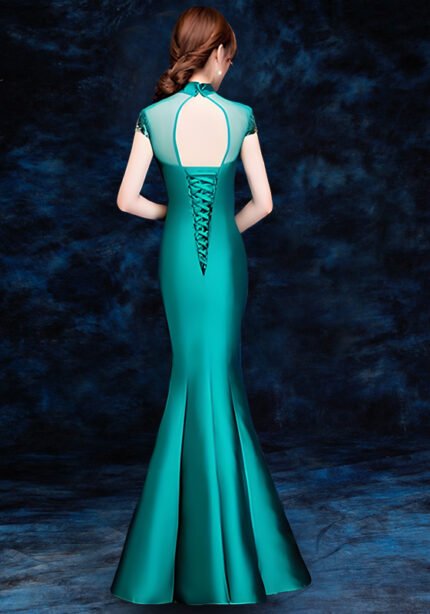 Embroidered Sequins Cheongsam Banquet Evening Green Dress