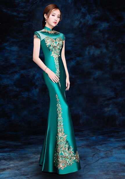 Embroidered Sequins Cheongsam Banquet Evening Green Dress