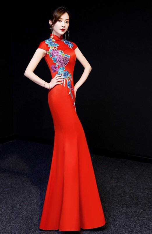2026 Lotus Print Maxi Cheongsam Qi Pao Dress