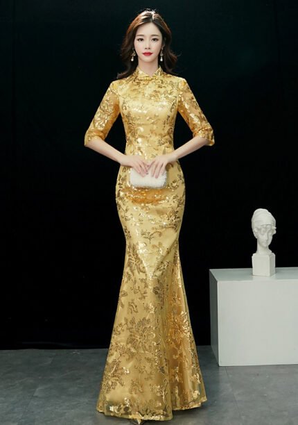 Fishtail Gold Traditional Cheongsam Dresses Long