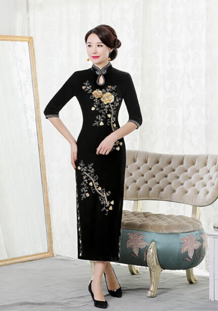 Plus Size Velvet Cheongsam Retro Traditional Qipao Dresses