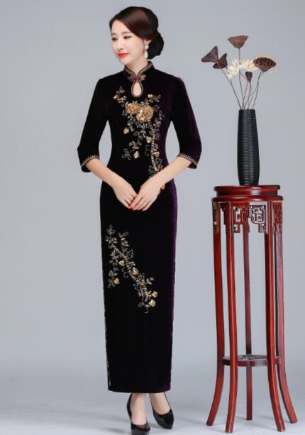 Plus Size Velvet Cheongsam Retro Traditional Qipao Dresses