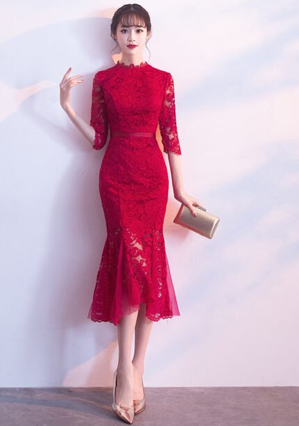 Red Bridal Lace Modern Wedding Cheongsam Dresses