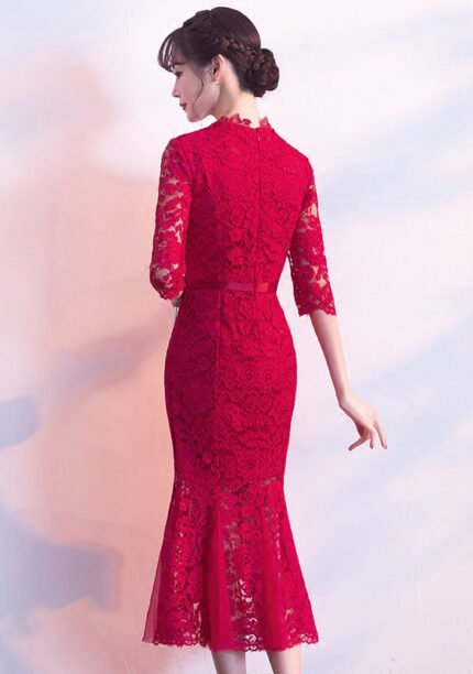 Red Bridal Lace Modern Wedding Cheongsam Dresses