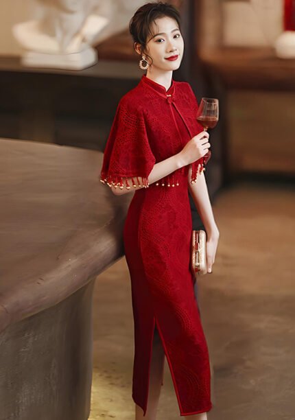 Red Wedding Gown 2PCS Shawl Qipao Dresses