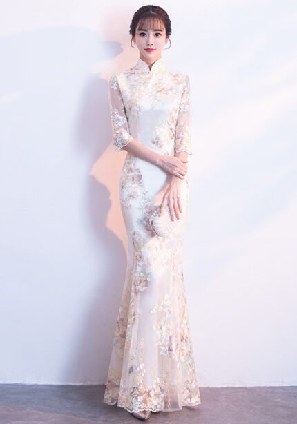 Spring Champagne Long Elegant Cheongsam