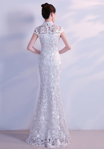 white fishtail wedding cheongsam