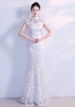 white fishtail wedding cheongsam