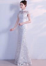 white fishtail wedding cheongsam