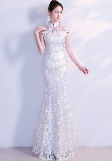 white fishtail wedding cheongsam