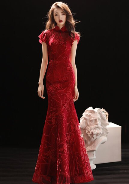 Wine Red Fishtail Modern Qipao Lace Wedding Dresses