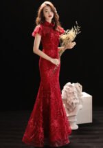 Wine Red Fishtail Modern Qipao Lace Wedding Dresses