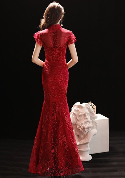 Wine Red Fishtail Modern Qipao Lace Wedding Dresses