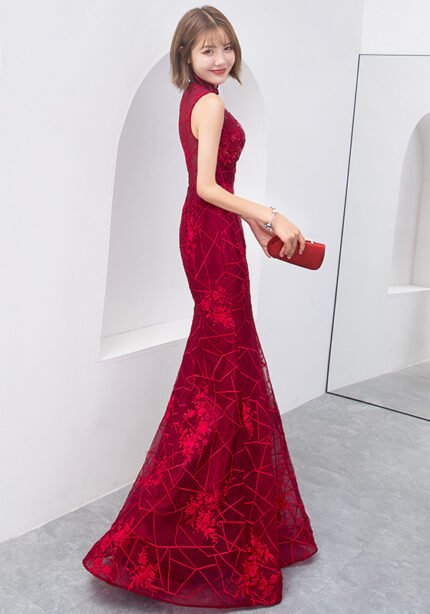 Wine Red Fishtail Sleeveless Banquet Modern Qipao Dresses