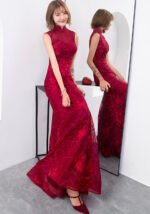 Wine Red Fishtail Sleeveless Banquet Modern Qipao Dresses