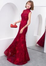 Wine Red Fishtail Sleeveless Banquet Modern Qipao Dresses