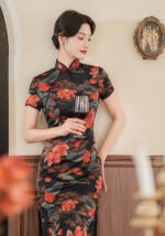 Traditional Cheongsam Dress Slim-fit Black Qipao