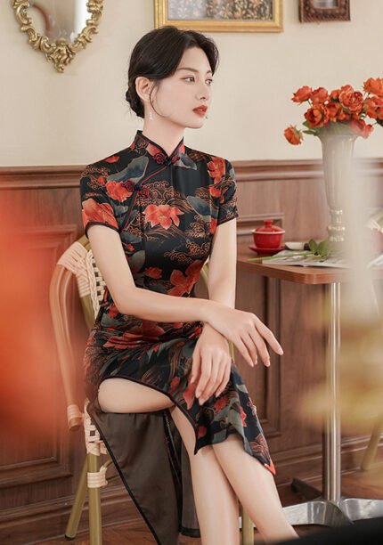 Traditional Cheongsam Dress Slim-fit Black Qipao