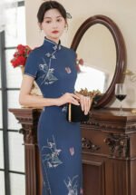 Blue Gray Traditional Slim-fit Cheongsam Dress