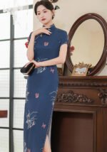 Blue Gray Traditional-Slim-fit Cheongsam Dress