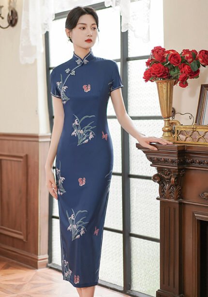 Blue Gray Traditional-Slim-fit Cheongsam Dress