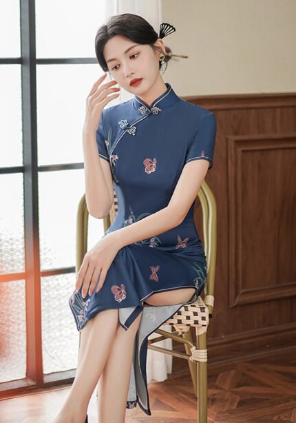 Blue Gray Traditional-Slim-fit Cheongsam Dress