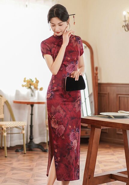 Traditional Cheongsam Dress Slim-fit Wine Red Qipao