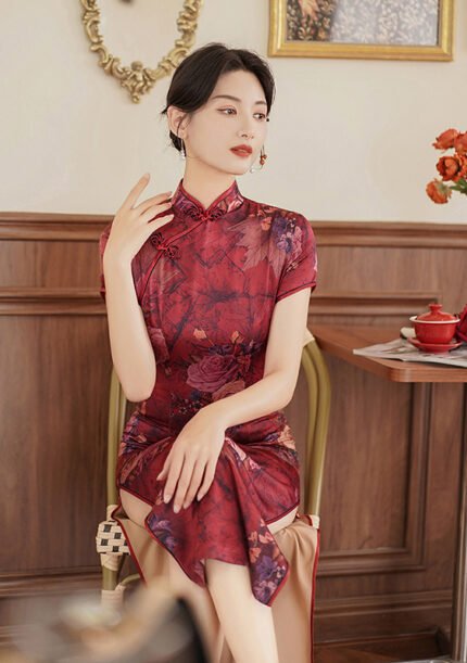 Traditional Cheongsam Dress Slim-fit Wine Red Qipao