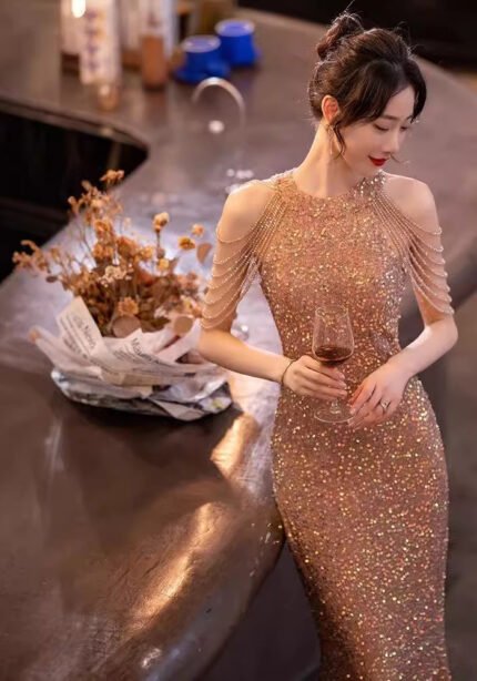 French 2025 Temperament Socialite Sparkling Gold Sequin Banquet Evening Dress