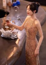 French 2025 Temperament Socialite Sparkling Gold Sequin Banquet Evening Dress