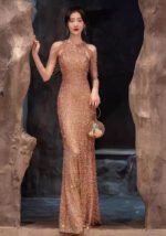 French 2025 Temperament Socialite Sparkling Gold Sequin Banquet Evening Dress