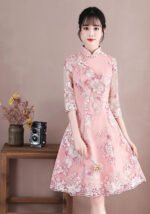 Pink Young Girls Cheongsam Dress Slimming Short Dress