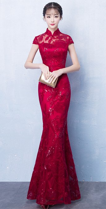 Red Simple Elegant Slimming Fishtail Wedding Qipao