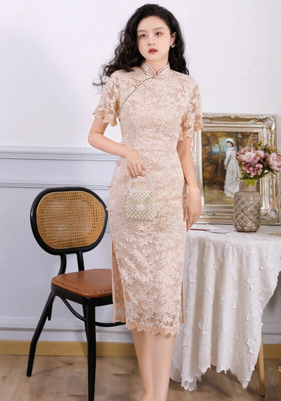 Lace Cheongsam Dresses Banquet Apricot Qipao